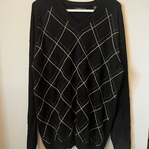 Black and White V-Neck Sweater with Argyle Pattern